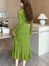 BXOXO party look inspos Flared Sleeve Knitted Dresses for Women Autumn Solid Single Breasted Chic Ruffles Hem Casual Female Office Elegant Robes New